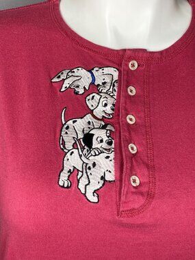 Disney 101 Dalmatians Vtg Embroidered Henley Shirt Unisex Large Light Red